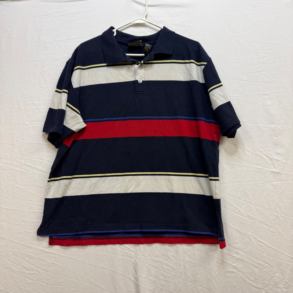 Highland Outfitters Mens XL Striped Polo Shirt Navy Blue Red White Short Sleeve